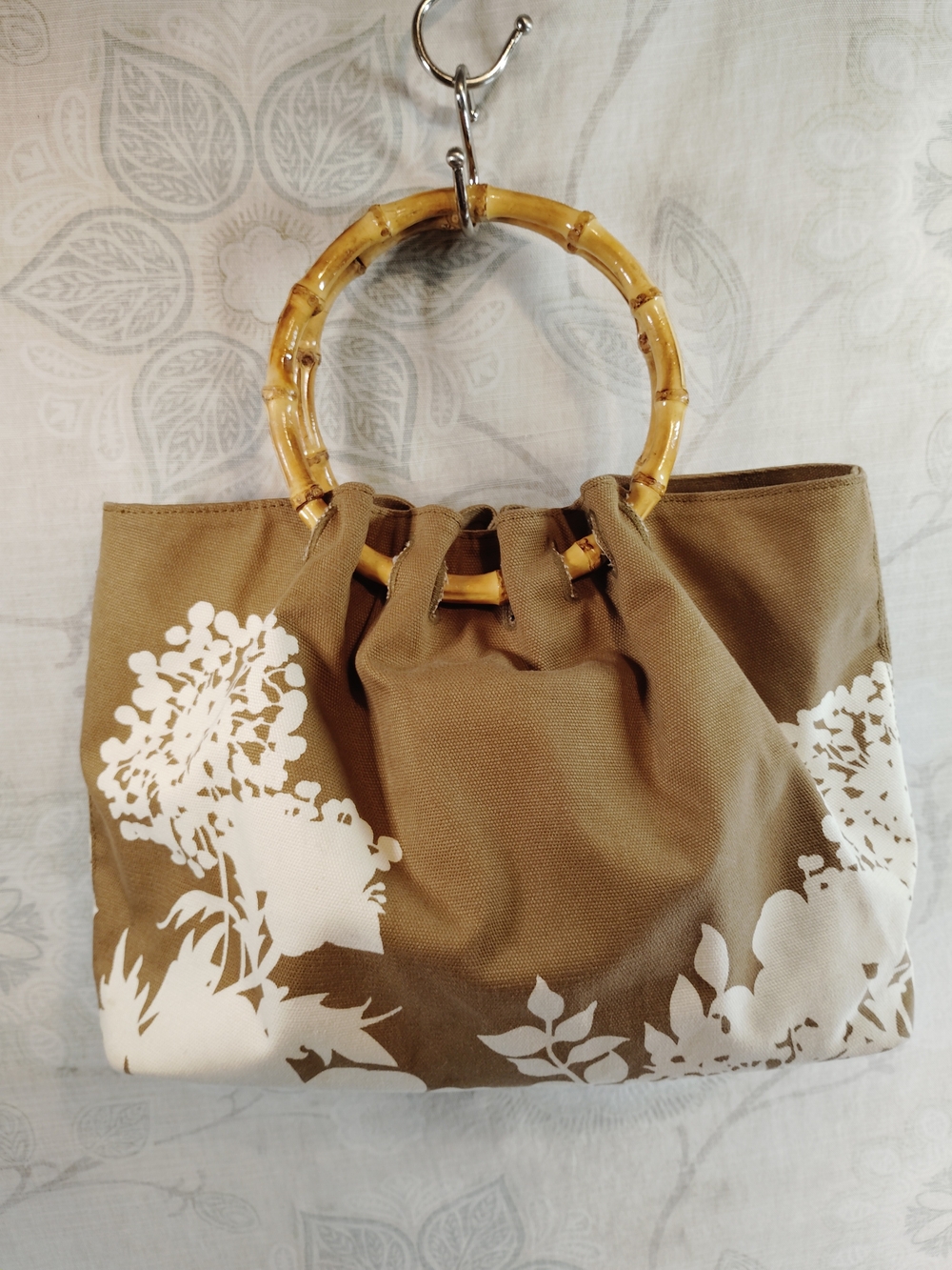 Banana Republic Brown and White Canvas Tote with Bamboo Handles